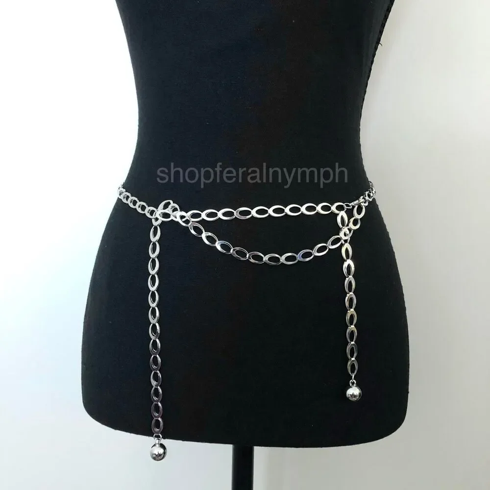 Cyber Liquid Chrome Silver Oval Link Chain Belt, Fits Up to 42 Inches, X7GA1159